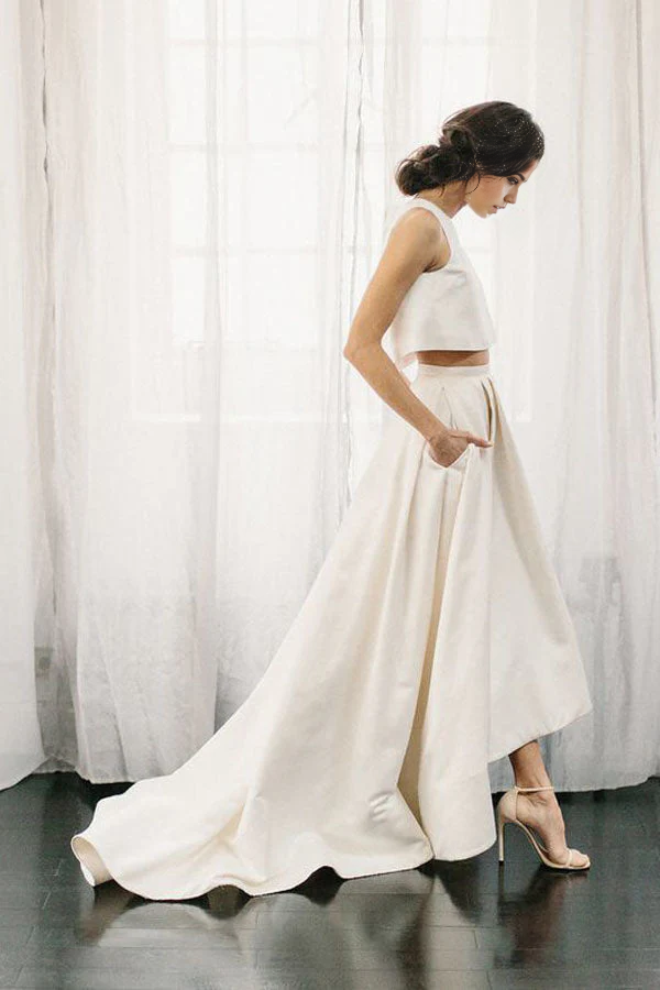 Vestido de novia largo de satén marfil, sencillo, de dos piezas, corte A, para playa